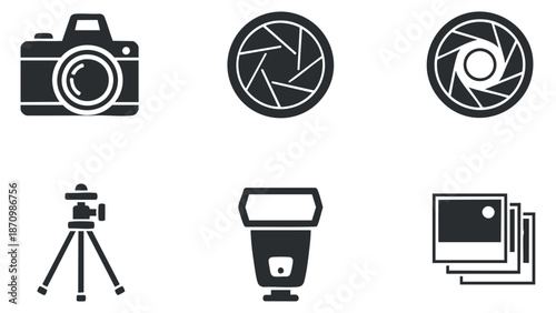 A collection of photography icons including a camera, lens, tripod, and flash in black and white vector style, perfect for creative projects and media design