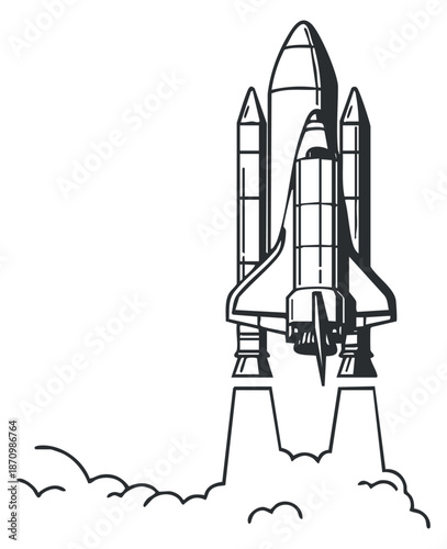A rocket launching into the sky in black and white outline vector style, suitable for technological and space exploration themes