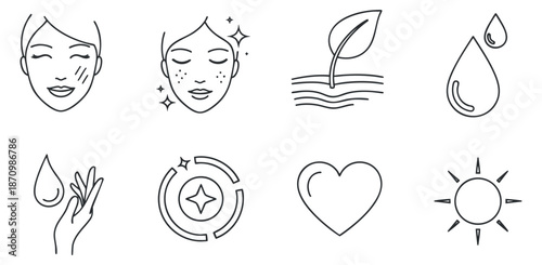 A collection of minimalist line art beauty and wellness icons including face, water droplet, leaf, and sun, ideal for skincare branding