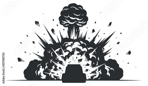 An explosive blast with dynamic smoke and debris in black and white vector style, suitable for action-themed designs and illustrations