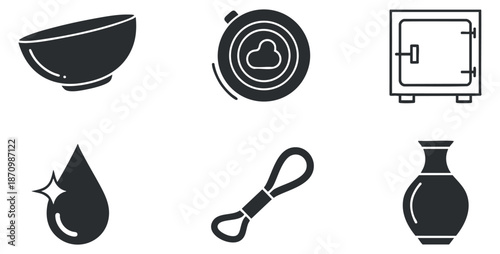 A collection of kitchen and household icons including a bowl, measuring tape, safe, water droplet, loop, and vase in black and white minimalist vector style, suitable for home design projects