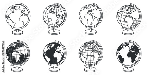A collection of eight globe illustrations in outline vector style, suitable for educational materials and travel-themed designs