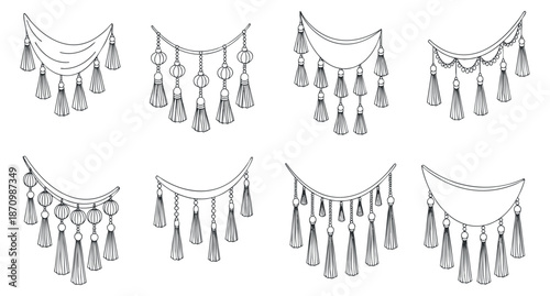 A collection of decorative tassel garlands in minimalist black and white vector style, perfect for festive occasions and event design