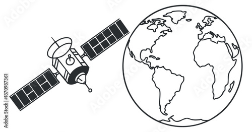 A satellite orbiting the Earth in a clean outline vector style, ideal for technology and science-related projects