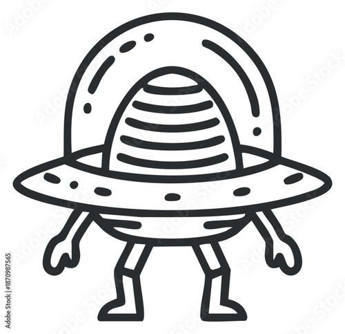 A cartoon alien character with a flying saucer in outline vector style, suitable for children's illustrations and sci-fi themes