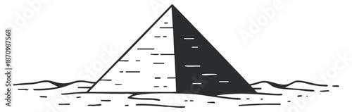 A stylized pyramid illustration surrounded by waves in minimalist black and white vector style, ideal for travel and history themes