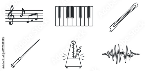 A collection of music-related icons including notes, piano keys, a tuning fork, and a metronome in black and white outline style, ideal for educational and creative projects