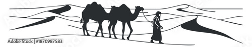 A silhouette of a traveler walking with two camels across sand dunes in black and white minimalist vector style, ideal for travel and adventure themes