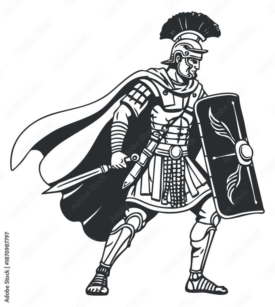 Fototapeta premium A dynamic Roman warrior in black and white outline vector style, suitable for historical themes and illustrations