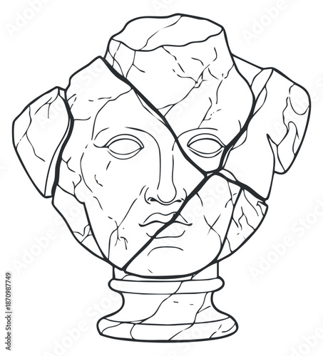 A fragmented sculpture of a classical head bust in minimalist outline vector style, suitable for art and design projects