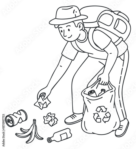 A man collecting trash and recycling materials while hiking in a line art vector style, promoting environmental awareness and sustainability