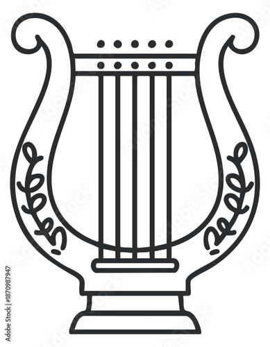 A harp musical instrument in outline black and white vector style, suitable for music-related branding and artistic projects