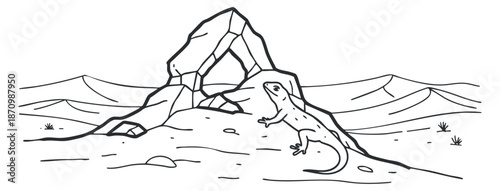 A lizard on a rocky terrain in a minimalist line art vector style, suitable for nature-themed projects and educational purposes