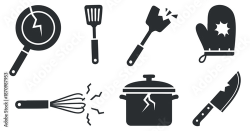 A collection of broken kitchen utensils and cookware in black silhouette vector style, ideal for culinary-themed designs