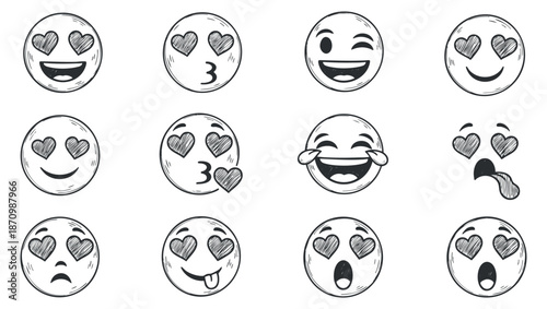 A collection of various cute and playful emoticons with heart eyes and different expressions in black and white outline vector style, suitable for social media and messaging designs