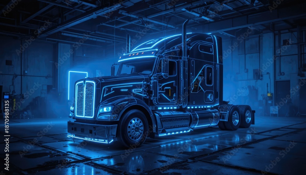 Fototapeta premium In a dimly lit environment, a futuristic semi truck is illuminated by blue neon lights.