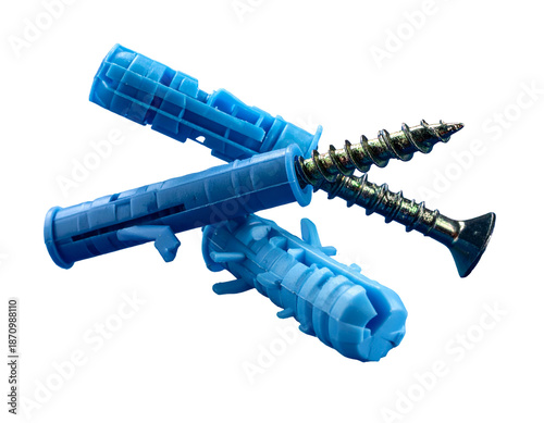 Blue plastic anchors and metal screws on black background