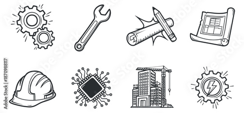 A collection of construction and engineering icons including gears, tools, and blueprints in black and white outline vector style, suitable for technical and industrial projects
