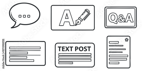 A collection of speech bubbles, text post templates, and writing icons in minimalist black outline vector style, suitable for social media and communication designs