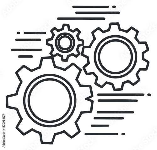 A collection of interconnected gears in outline vector style, representing technology and engineering concepts, suitable for industrial design projects