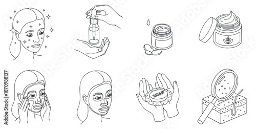 A collection of skincare illustrations featuring facial treatments, products, and beauty routines in minimalist vector style, ideal for wellness branding and cosmetic design