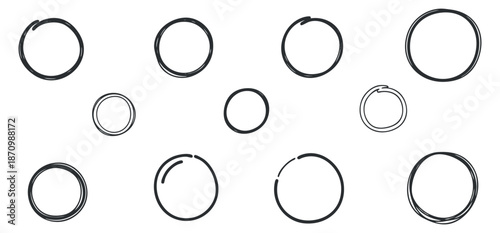 A collection of various hand-drawn circles and rings in minimalist black and white vector style, ideal for graphic design projects