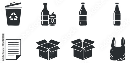 A set of recycling and waste disposal icons featuring a trash bin, bottles, cans, and cardboard boxes in black and white minimalist vector style, ideal for environmental and sustainability projects