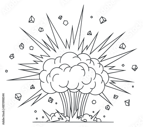 An explosion with clouds of smoke and debris in a black and white outline vector style, ideal for action-themed designs
