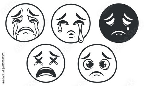 A collection of five sad emoticons featuring various expressions of sadness in black and white vector style, perfect for emotional communication and design projects