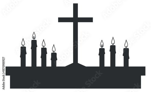 A silhouette of a cross surrounded by lit candles in a minimalist vector style, ideal for religious themes and designs