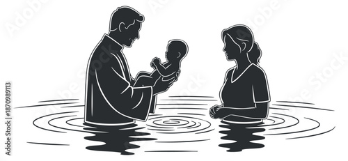 A baptism scene with a priest holding an infant above water, illustrated in minimalist black and white vector style, perfect for religious and spiritual themes