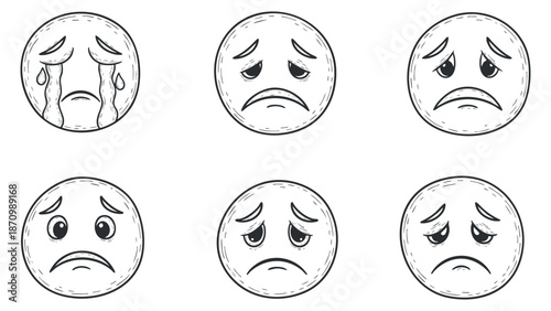 A collection of six sad face emoticons in hand-drawn outline vector style, perfect for expressing various emotions in design
