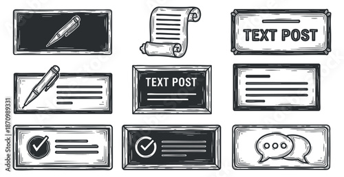 A collection of text post icons featuring a pen, scroll, and checkmarks in black and white outline vector style, ideal for digital communication and social media design