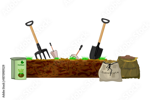 Dirt, garden tools and substrate on white background. Preparing soil for planting concept. Spring work up soil for growing vegetables or plants. Mixing nutrients for planting seeds.Vector illustration