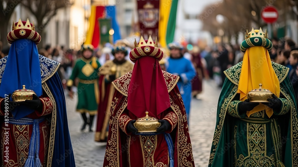 Fototapeta premium Three masked men in ornate regal robes and crowns hold golden gifts in a festive street procession
