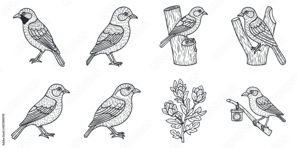 Obraz premium A collection of hand-drawn birds perched on branches in detailed line art vector style, ideal for nature-themed designs and illustrations