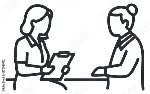 A lineart illustration of a professional consultation between two women, depicted in a minimalist vector style, ideal for healthcare and counseling themes
