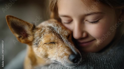 Sweet emotional moment of a happy little girl gently hugging her beloved pet dog with closed eyes, showcasing the pure bond, friendship, and unconditional love between a child and an animal