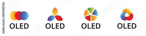 Colorful oled logo variations featuring abstract shapes and gradients.