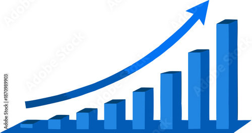 3D isometric blue bar chart showing consistent upward growth with a curved rising arrow. Professional financial graph illustration for business success, data analysis, and profits.
