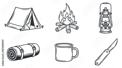 A collection of camping elements including a tent, campfire, lantern, sleeping bag, mug, and knife in black and white outline style, ideal for outdoor adventure themes