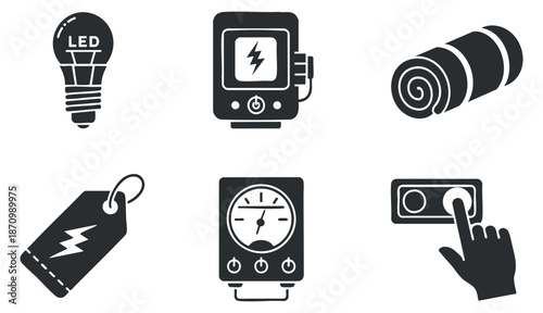A collection of energy-related icons including an LED bulb, energy meter, label tag, and control switch in black and white vector style, suitable for technology and electrical design projects