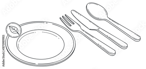 A minimalist outline illustration of a plate, cutlery, and a leaf garnish in vector style, suitable for restaurant menus and culinary branding