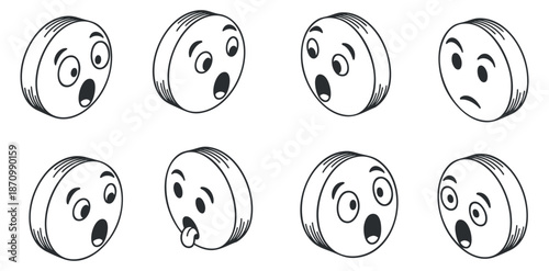 A set of various facial expressions in black and white cartoon vector style, suitable for digital communication and design