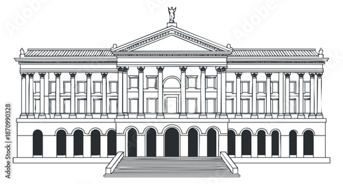 A detailed outline illustration of a classical architectural building with columns and steps in minimalist vector style, ideal for educational and cultural projects