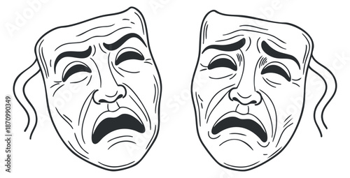 A set of theater masks depicting sad expressions in black and white minimalist vector style, ideal for drama and performance themes