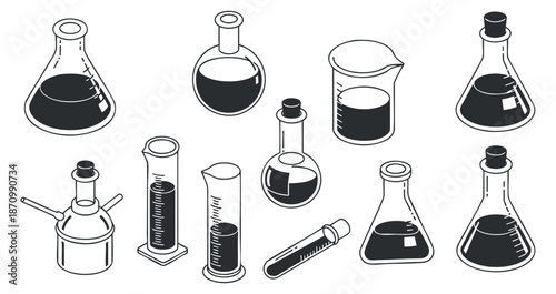 A collection of laboratory glassware including flasks, beakers, and test tubes in black and white outline vector style, suitable for educational materials and scientific illustrations