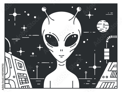 An alien character with large eyes and antennae in black and white minimalist vector style, ideal for sci-fi themed designs