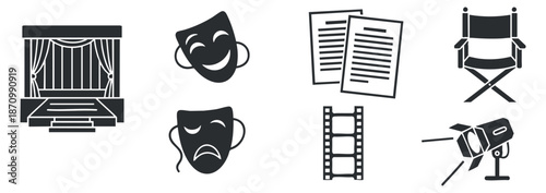 A collection of theater and film icons including a stage, masks, script, and director's chair in black and white vector style, perfect for arts and entertainment projects