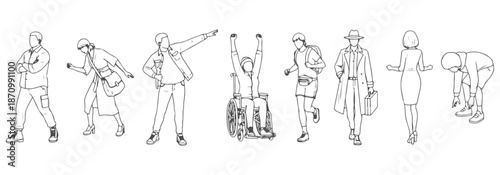 CAD top view vector illustration of people in motion—walking, turning, bending, reaching, stretching, stepping forward, picking something up.